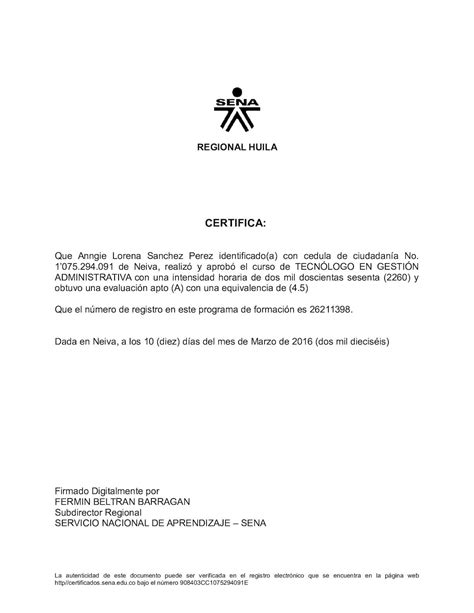 Ejemplo De Certificado Administrativas Registro Electr Nico