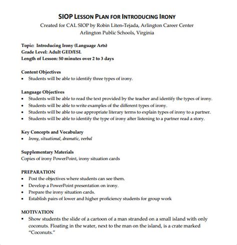 Free 9 Sample Siop Lesson Plan Templates In Pdf Ms Word