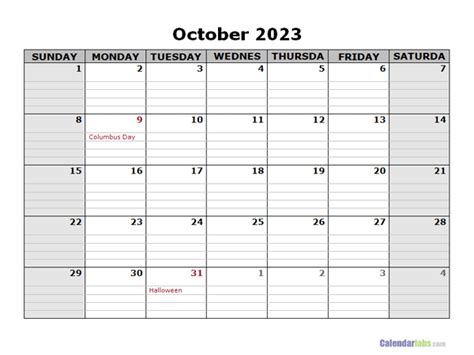 October 2023 Calendar Word Free Printable Templates