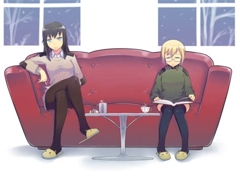 Safebooru Blonde Hair Blue Eyes Book Brown Hair Cigarette Couch Crossed Legs Elizabeth F