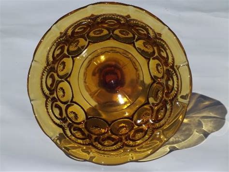 Vintage Amber Glass Moon And Stars Pattern Compote Tall Crimped Candy Dish