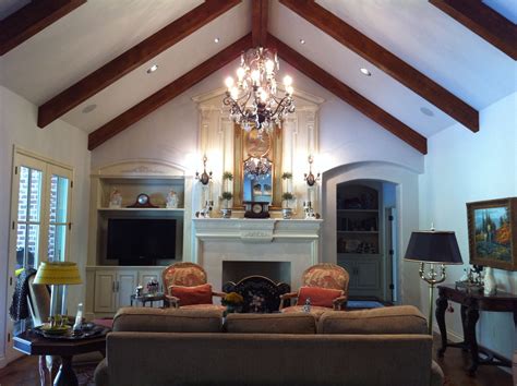 Great Room With Cathedral Ceiling Rake Beams Transitional Interior