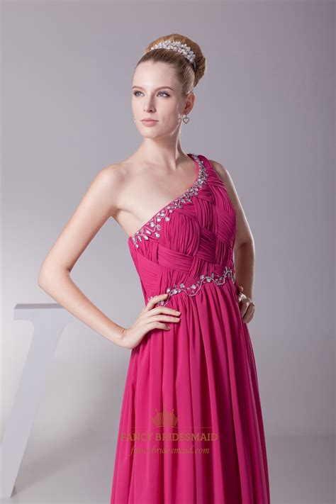 Hot Pink Embellished One Shoulder Chiffon Prom Dress With