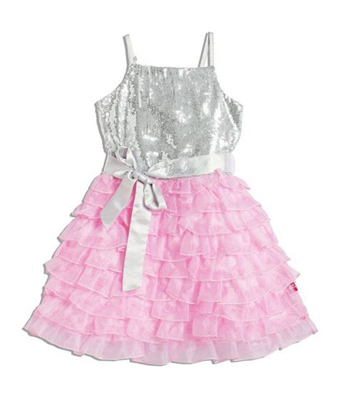 Barbie Pink Sequinned Bustier Party Dress With Multiple Sheer Ruffle Bottom Just Above Knee