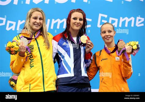 Great Britains Jessica Jane Applegate Centre On The Podium With Her Gold Medal Alongside