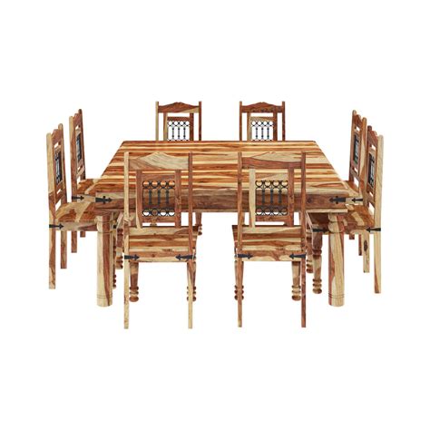 Our teak dining set is a uniquely modern interplay of very durable teak wood featuring our beautiful teak chairs. Peoria Rustic Solid Wood 11 Piece Square Dining Room Set