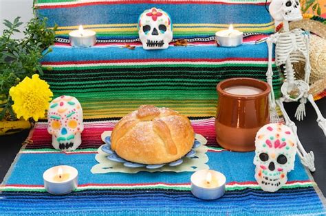 Premium Photo Altar Decorated With Pan De Muerto And Skulls Day Of