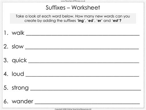 Suffixes Worksheet English Year 1