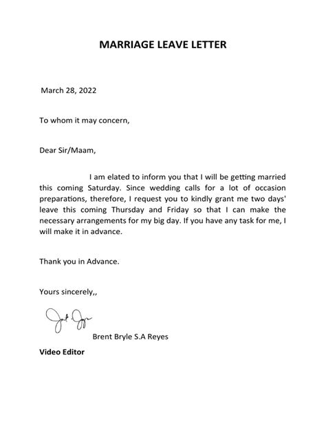 Marriage Leave Letter Pdf