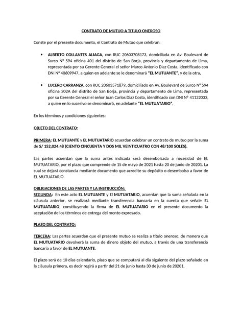 Contrato De Mutuo A Titulo Oneroso Collantes Carranza Contrato De