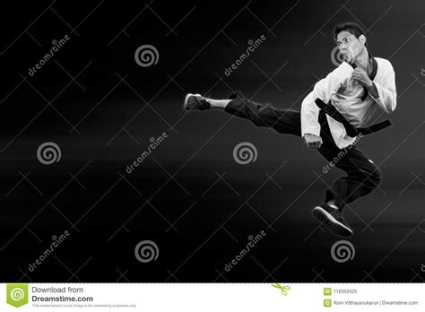Taekwondo Asian Man Fighter Jump Flying High Kick Stock Image Image