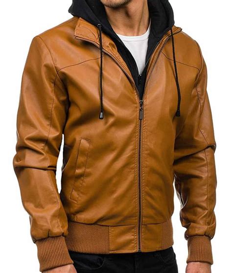 Mens Causal Bomber Camel Brown Leather Jacket With Hoodie Jackets