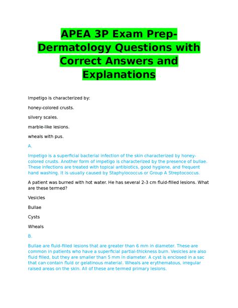 Apea 3p Exam Prep Dermatology Questions With Correct Answers And