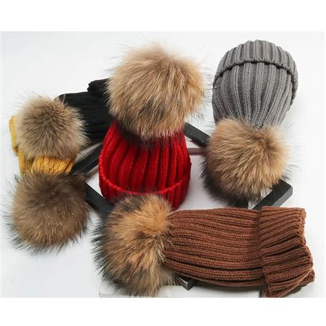 Real Fur Winter Hat Raccoon Pom Pom Hat For Women Brand Thick Women Hat Girls Caps Knitted