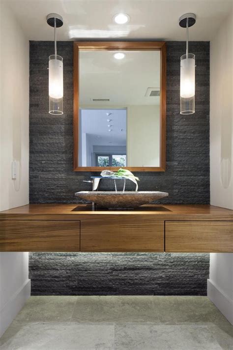 Asian Inspired Floating Vanity Like The Lights Underneath And Rock Wall