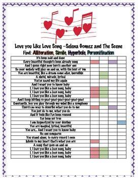 The enclosed content are the lyrics to songs which we will explore in the class. Figurative Language in Popular Songs with Suggested Answer Key by mskcpotter