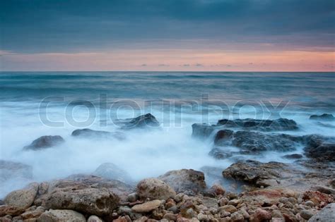 Beautiful Rocky Sea Beach At The Sunset Stock Image Colourbox