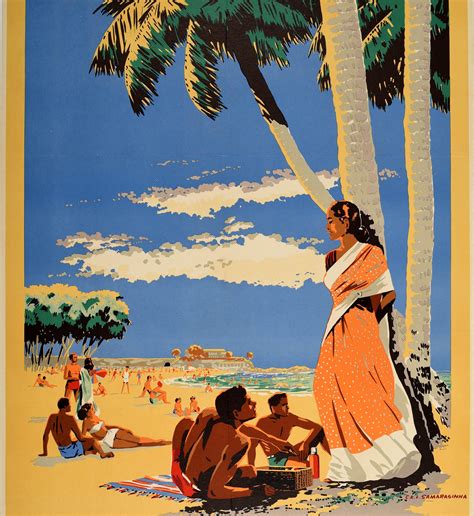 Original Vintage Poster Ceylon Beach Picnic Sri Lanka Asia Holiday