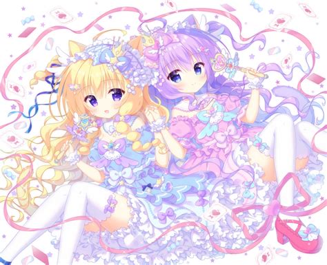 2girls Animal Ears Blonde Hair Blue Eyes Blush Bow Breasts Candy