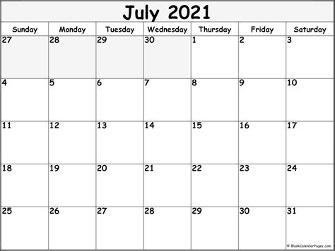 July 2018 Blank Calendar Templates