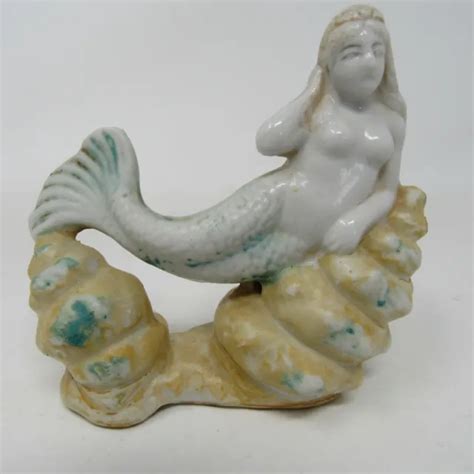 Vintage Japan Nude Mermaid On Shell Ceramic Figurine Aquarium Fish Bowl