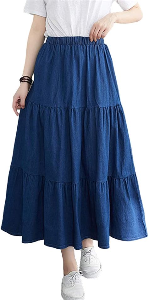 Femiserah Womens Elastic Waist Denim Tiered Skirt Long Prairie Skirts Dark Blue One Size At