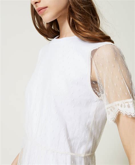 Short Plumetis Tulle And Lace Dress Woman White Twinset Milano