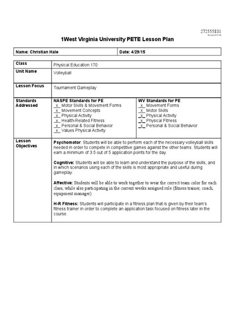 Volleyball Lesson Plan 4 29 15 Physical Education Volleyball