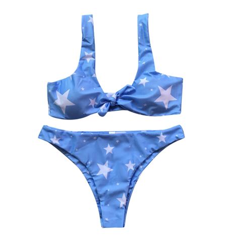 Cute Shoulder Strap Bowknot Star Print Padded Bikini Set Women Swimsuit Swimsuit Swimsuit