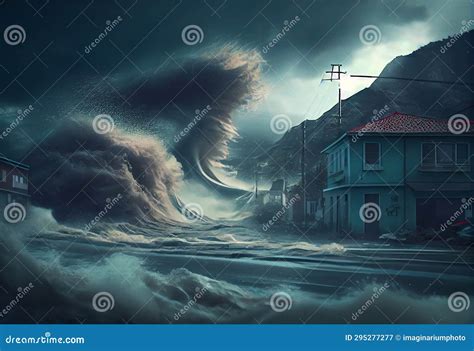 Tsunami With A Big Wave Crashing On Coast Houses Stock Image Image Of