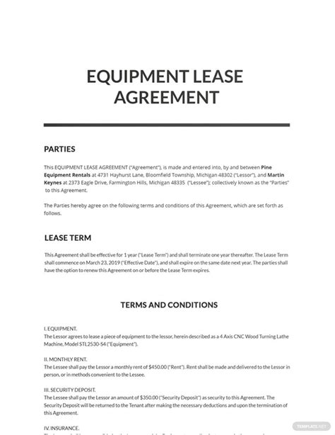 Equipment Lease Agreement Template Google Docs Word Apple Pages Template Net