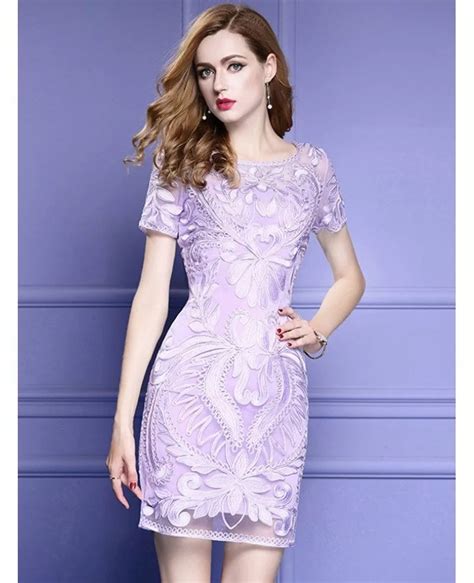 Light Purple Short Sleeve Bodycon Cocktail Dress For Wedding With Embroidery Zl8025