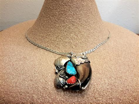 Sterling Silver Turquoise Coral And Bear Claw Pendant Artist Signed Native American Jewelry