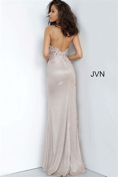 Jvn By Jovani Nude Embroidered Floral Fitted Evening Dress Glitter