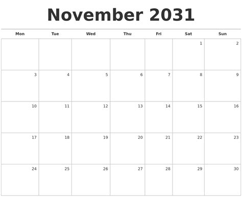 November 2031 Blank Monthly Calendar