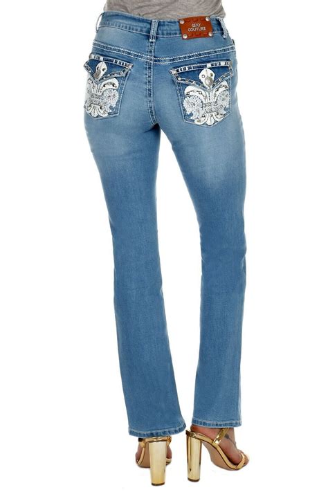 Sexy Couture Womens Rhinestone Mid Rise Boot Cut Light Wash Denim Jeans S 517 Pb