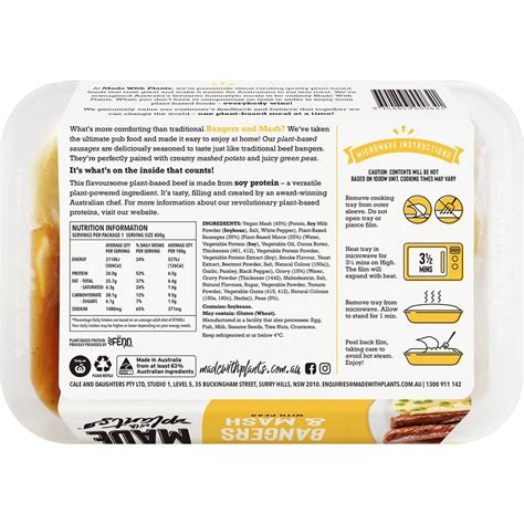 Made With Plants Meat Free Bangers And Mash With Peas Chilled Meal 400g Woolworths