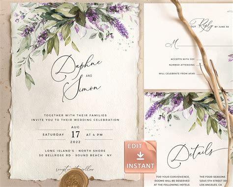 Lami Lavender Wedding Invitation Template Purple Watercolor Etsy Canada