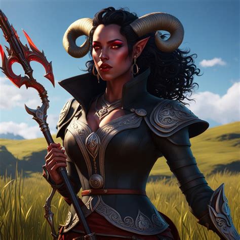 Female Tiefling Bard With Light Skin And Curling Horns And Black Hair And Pail Red Eyes On A
