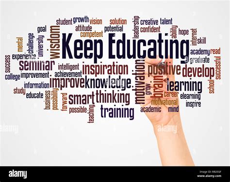 Keep Educating Word Cloud And Hand With Marker Concept On White