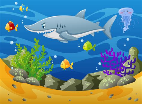 Shark And Other Sea Animals Underwater 414569 Vector Art At Vecteezy