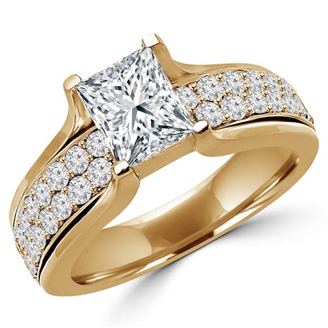 Princess Cut Diamond Multi Stone High Set 4 Prong Engagement Ring With Round Pave Diamond