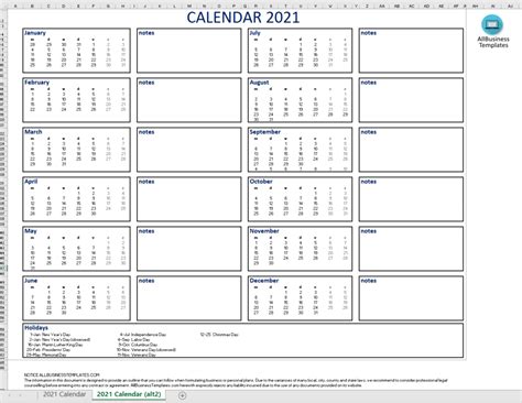 Editable Calendar 2021 Excel