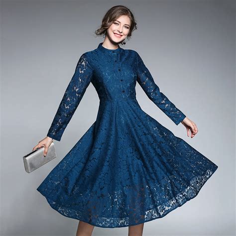 vintage blue lace dresses women 2018 autumn long sleeves stand collar dress feminino hollow out