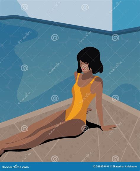 Digital Illustration Beautiful Girl In A Yellow Swimsuit Resting And Swimming In The Pool Stock