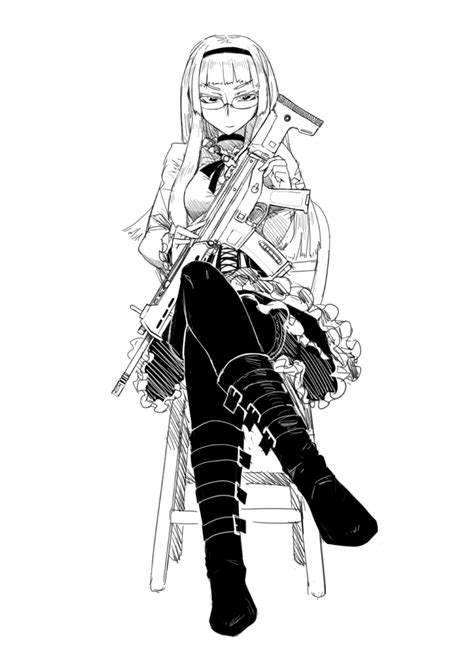 Safebooru 1girl Ankle Boots Assault Rifle Bangs Blunt Bangs Boots Crossed Legs Didloaded