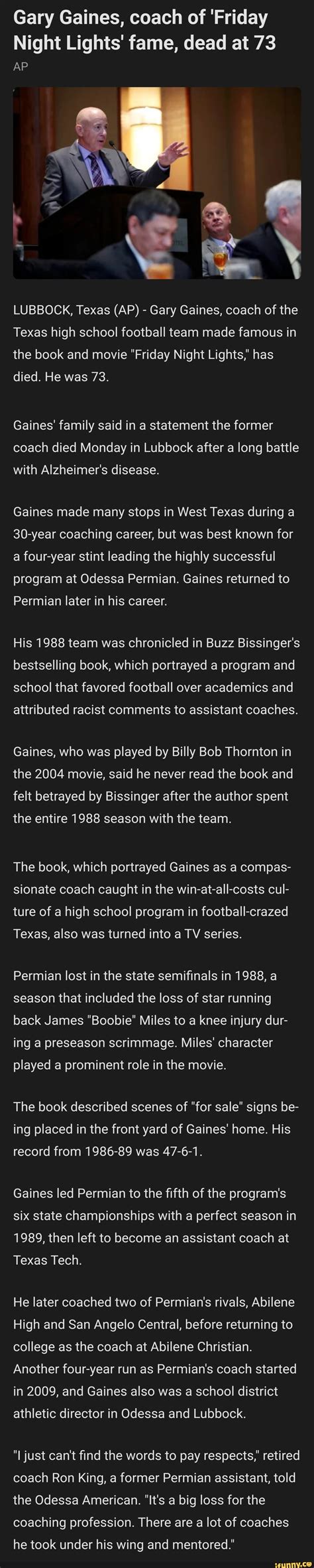 Gary Gaines Coach Of Friday Night Lights Fame Dead At 73 Ap Lubbock
