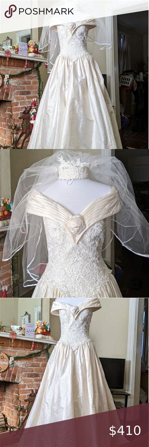Vintage 90s Raw Silk Wedding Dress And Veil Silk Wedding Dress Beaded