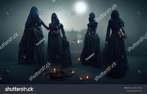 Gloomy Dramatic Background Witches Black Cloaks Stock Illustration