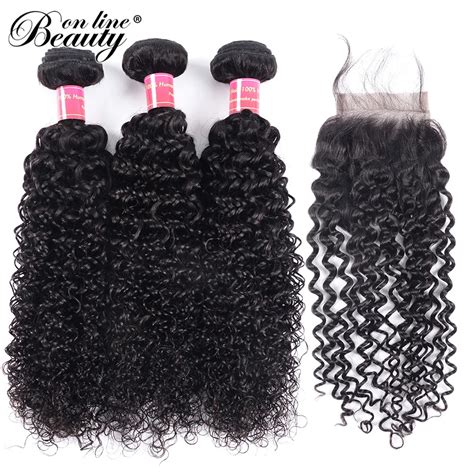 Beauty On Line Kinky Curly Brazilian Hair Weave Bundles With Closure Natural Color Remy Human